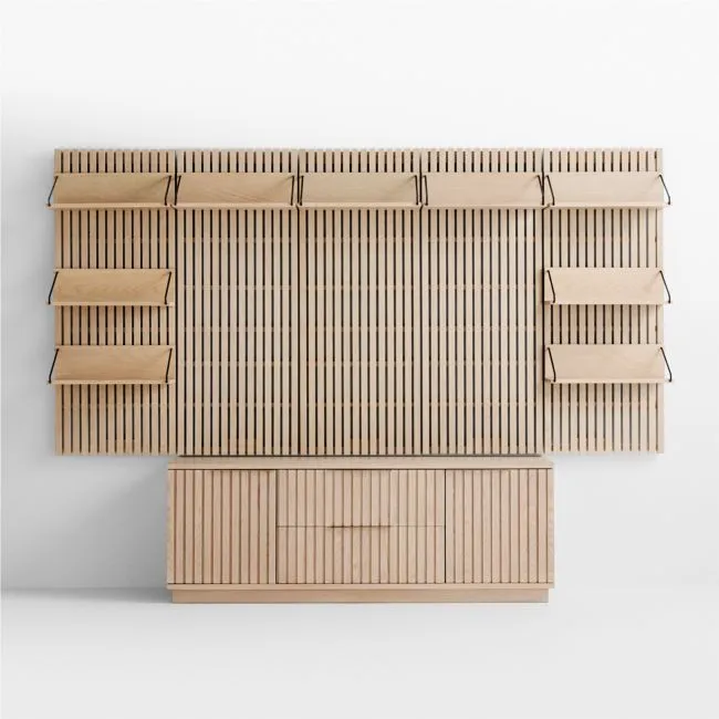 Batten White Oak Storage Media Console Set with 5 Panels and 9 Reversible Shelves