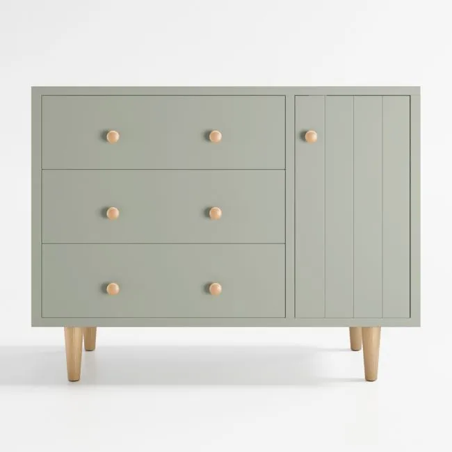 Finn 44" Narrow Sage Green Wood 3-Drawer Kids Dresser with Door