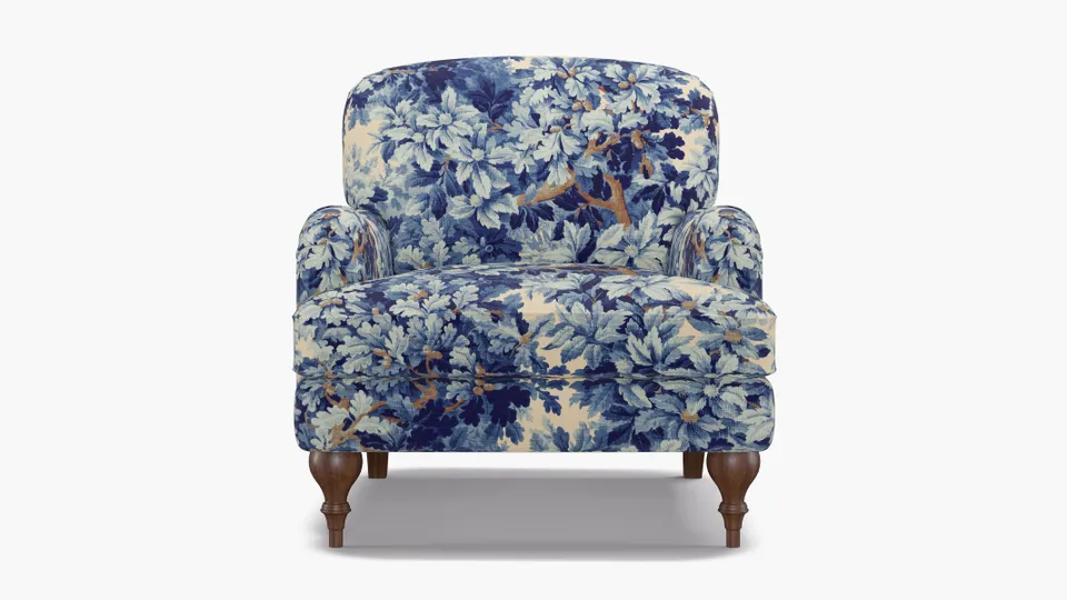 English Roll Arm Chair, Limoges Bois De Chene, Walnut Turned Wood Leg