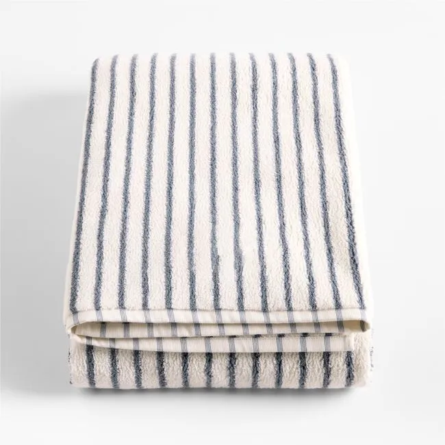 Classic Organic Turkish Cotton Pampas Ivory and Evening Blue Stripe Bath Sheet