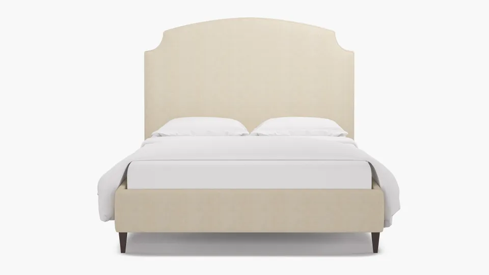 Cove Bed, Talc Everyday Linen, Espresso Square Tapered Leg, Queen