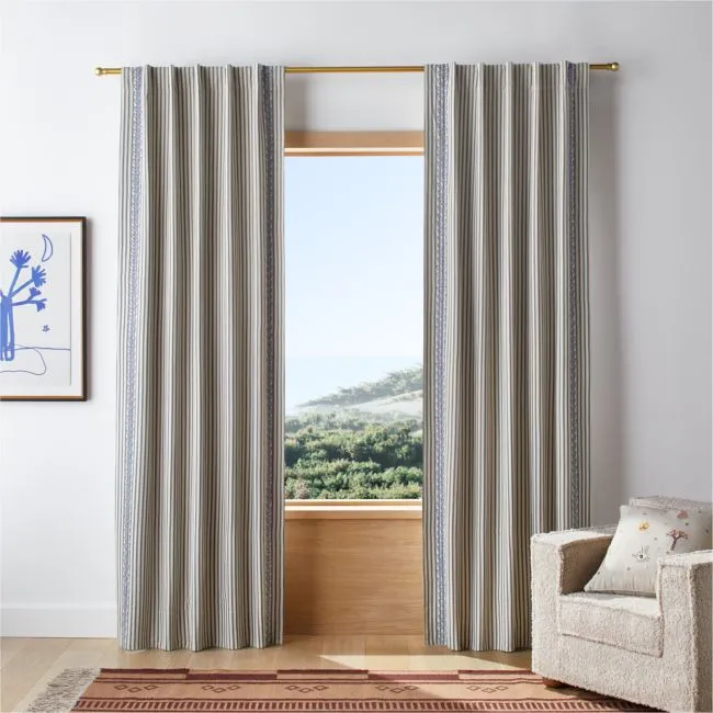 Charles Street Shade Green Embroidered Yarn-Dyed Organic Cotton Blackout Window Curtain Panel 44"x84" by Jeremiah Brent