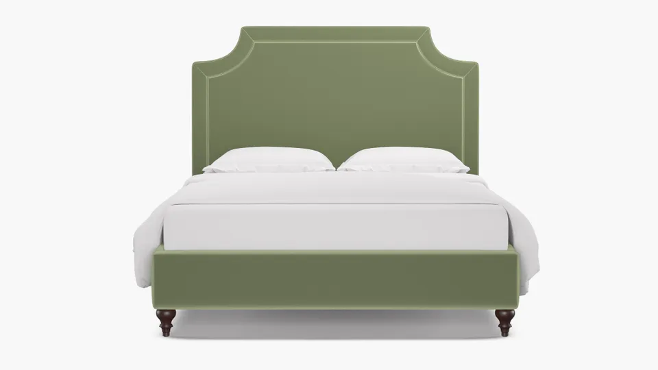 Deco Bed, Celadon Performance Plush Velvet, Espresso Traditional Turned Leg, Queen