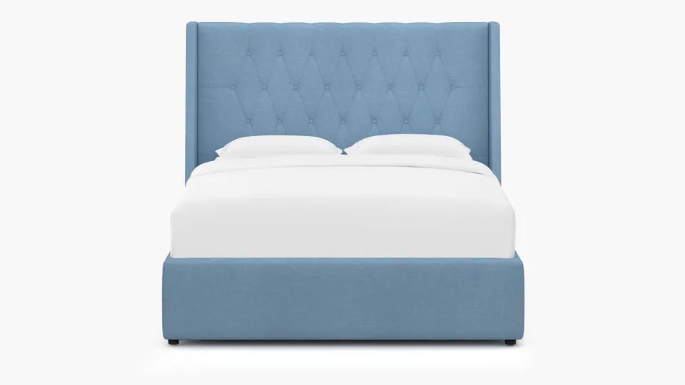 Tufted Wingback Bed, French Blue Everyday Linen, Queen
