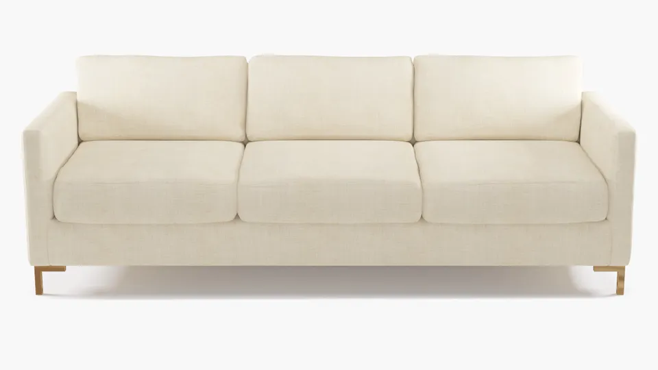 Modern Sofa, Talc Everyday Linen, Brass L Leg