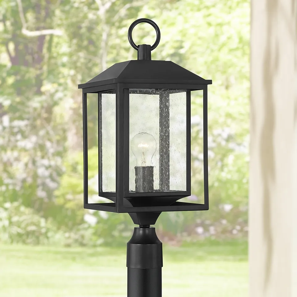 John Timberland Califa 21 3/4" Black and Seeded Glass Post Light