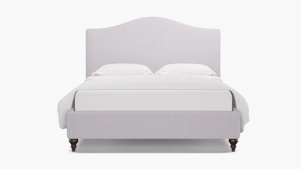 Camelback Bed, Pink Classic Ticking Stripe, Espresso Traditional Turned Leg, Full