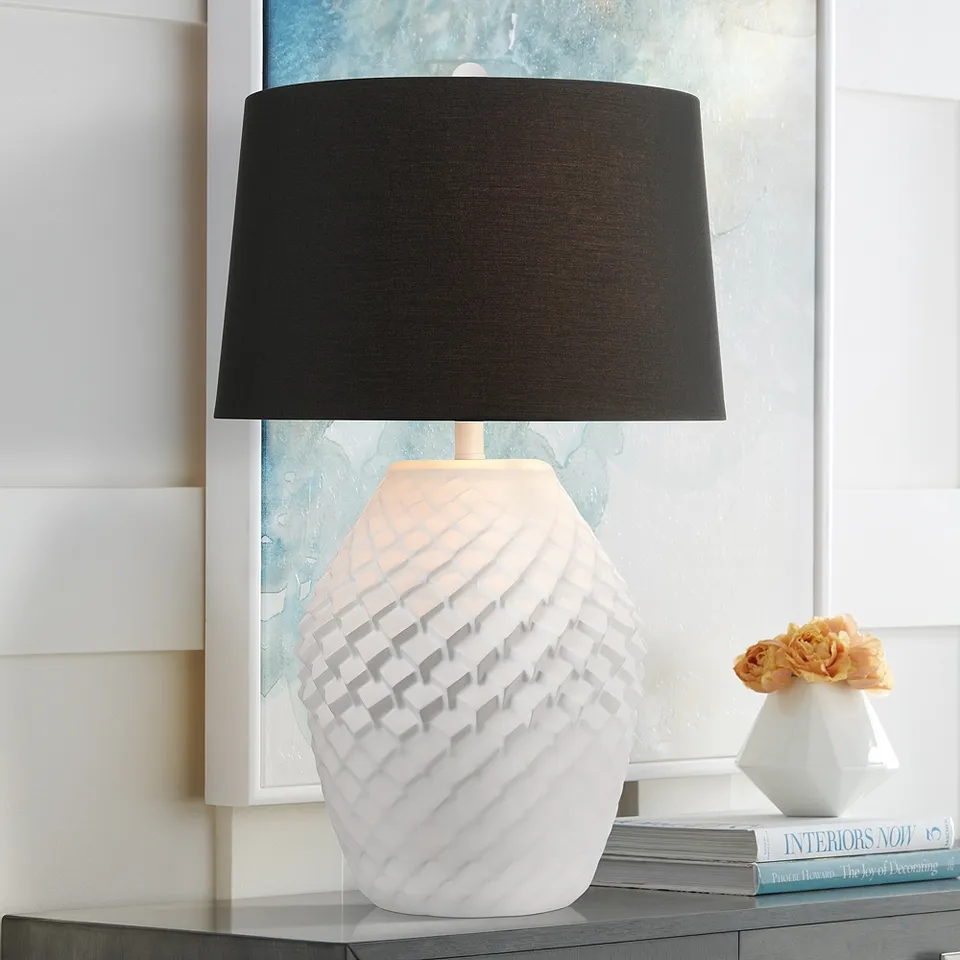 Possini Euro Simon 27" Textured Geometric Pattern White Table Lamp