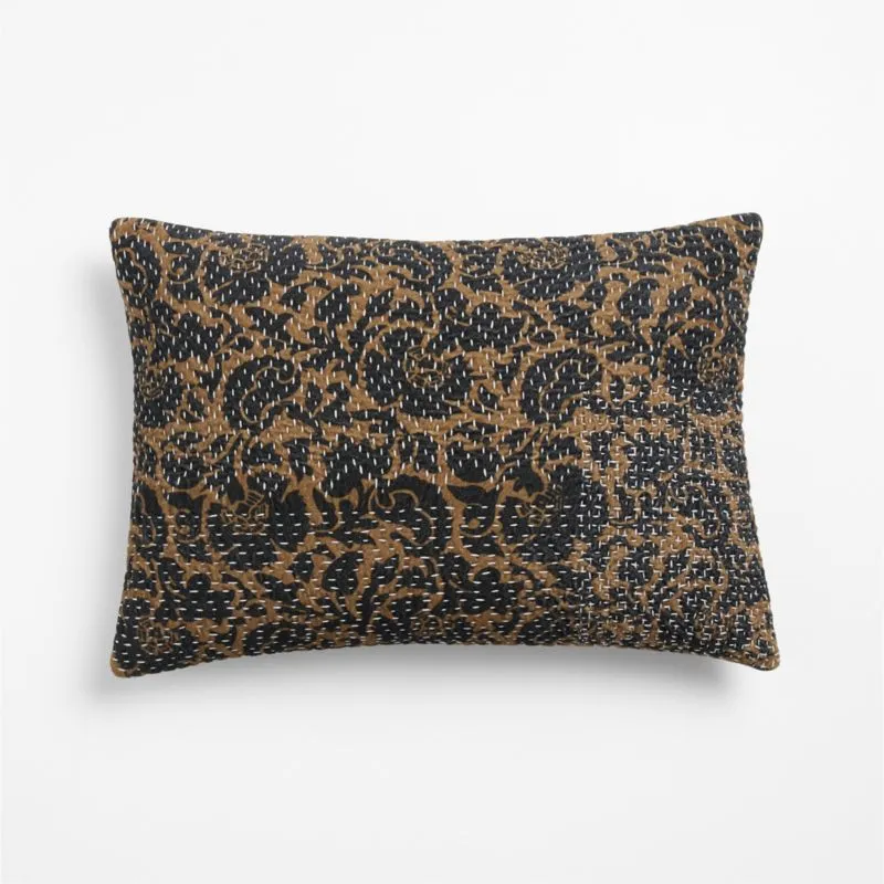 Sashiko Floral Organic Cotton Velvet 22"x15" Camel Tan Throw Pillow Cover with Feather Insert