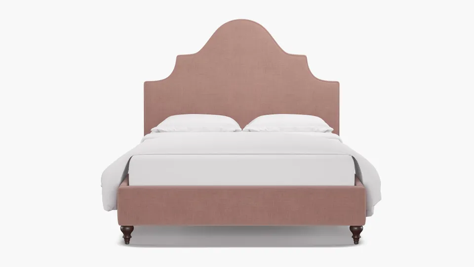 Statement Bed, Blush Everyday Linen, Espresso Traditional Turned Leg, Full