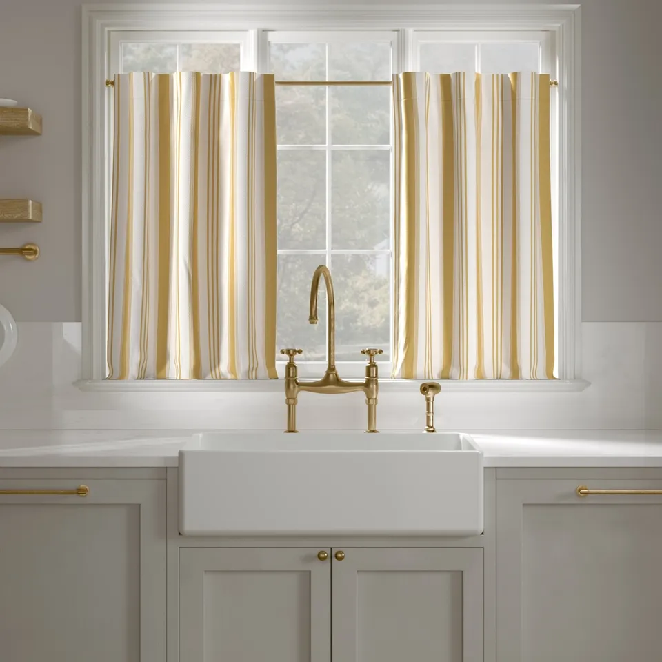 Printed Linen Café Curtain, French Yellow Regency Stripe, 25" x 24", Unlined