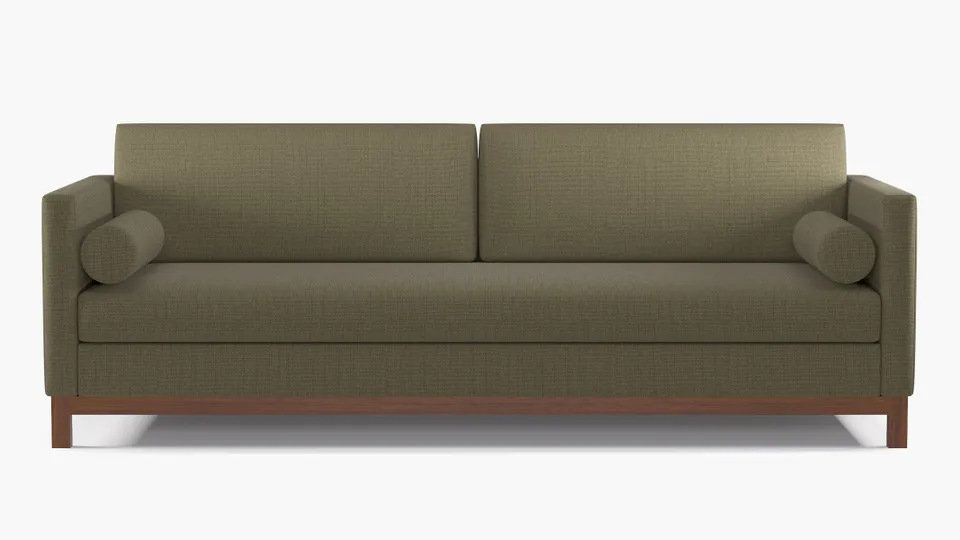 Tailored Tuxedo Sofa, Olive Everyday Linen, Walnut Wood Rail