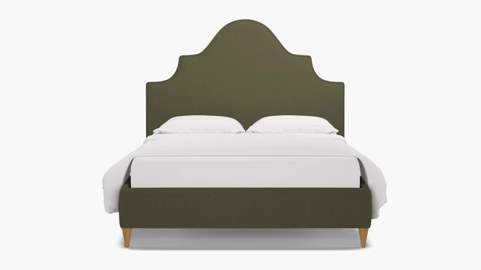 Statement Bed, Olive Everyday Linen, Natural Decorative Tapered Leg, King