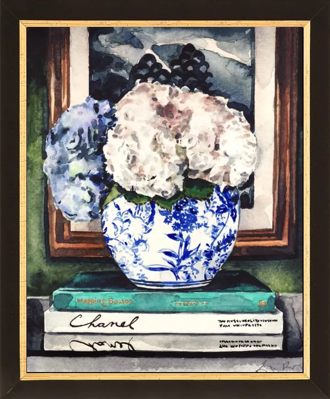Hydrangeas in Blue and White Chinese Vase - Styled Vignette by Laura Row for Artfully Walls
