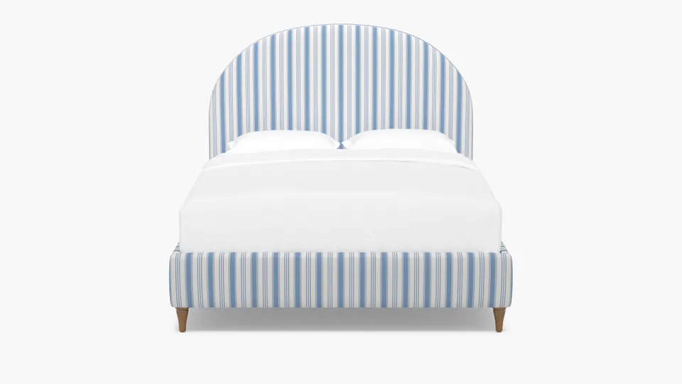 Demilune Bed, Cornflower Regency Stripe, Natural Decorative Tapered Leg, Queen