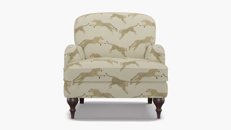 English Roll Arm Chair, Desert Cheetah, Espresso Turned Wood Leg