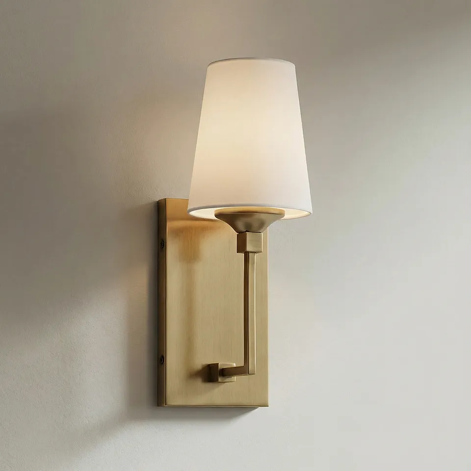 Possini Euro Nasir 14" High Aged Brass and Linen Wall Sconce