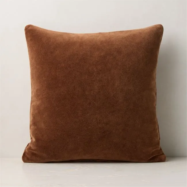Encino Sienna Brown Organic Cotton Stonewashed Velvet Throw Pillow with Feather-Down Insert 20"x20"
