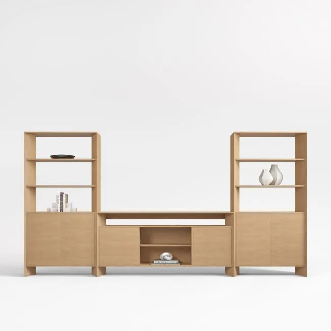 Terrazza 148" Natural Solid Oak Wood Closed Storage Media Console Set