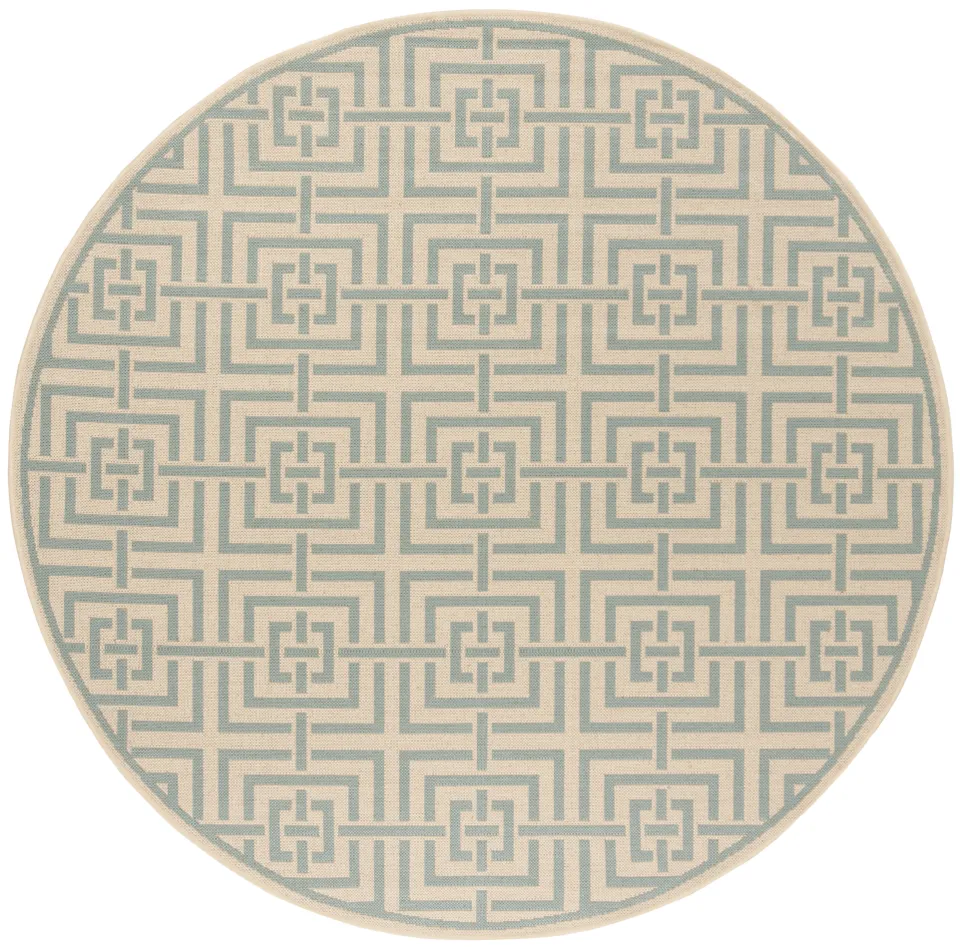 Arlo Home Indoor/Outdoor Woven Area Rug, LND128L, Cream/Aqua,  6' 7" X 6' 7" Round