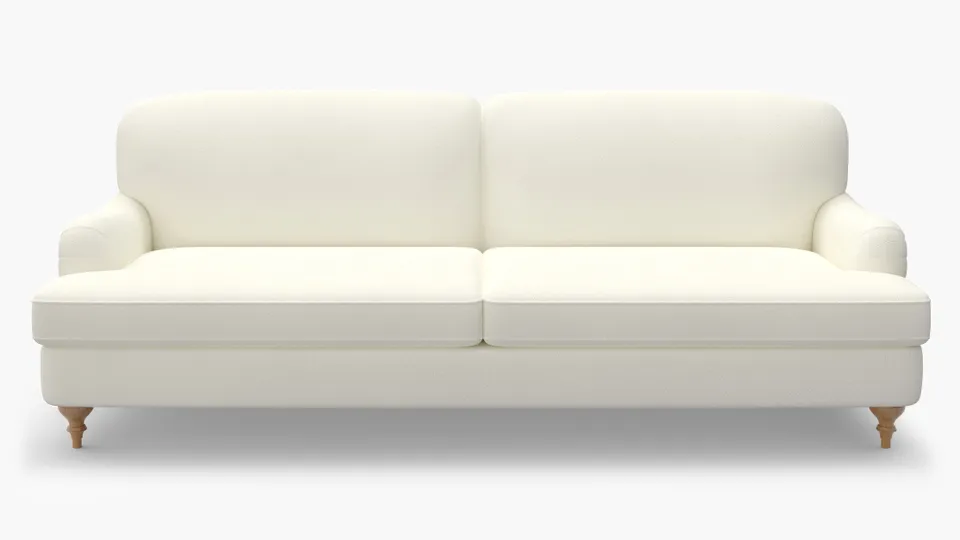 English Roll Arm Sofa, Sheepskin, Natural Turned Wood Leg