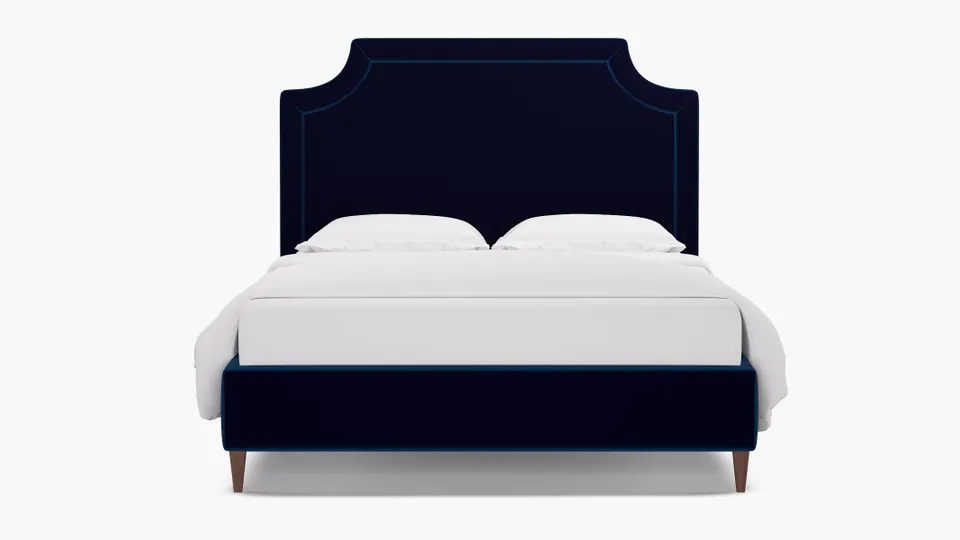 Deco Bed, Cobalt Performance Plush Velvet, Walnut Square Tapered Leg, Twin