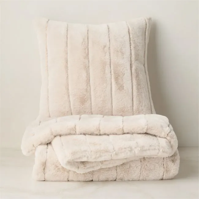 Channel Double-Sided Off-White Faux Fur Throw Pillow Cover 18"x18" with Throw Blanket 50"x70" Set
