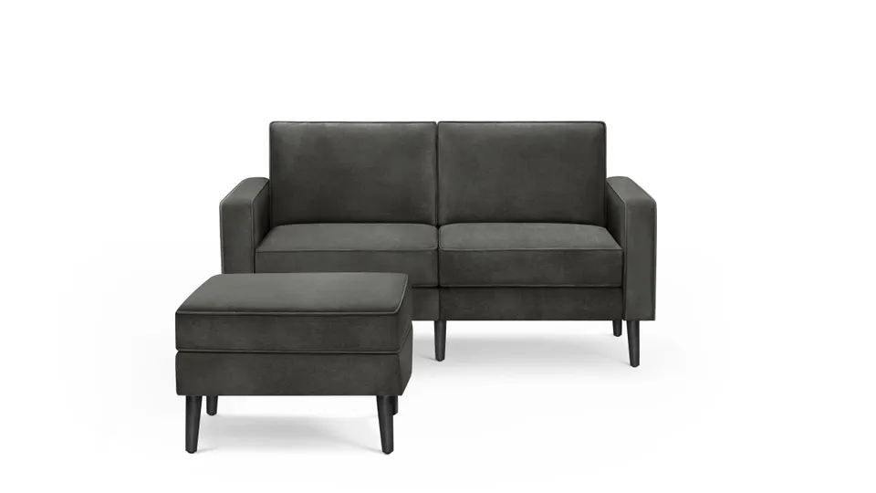 Nomad Velvet Loveseat with Ottoman - Graphite Grey - Performance Velvet / Black - Metal