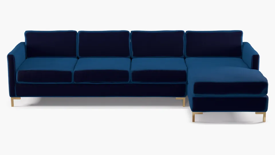 Modern Sectional, Right Facing, Cobalt Performance Plush Velvet, Brass L Leg
