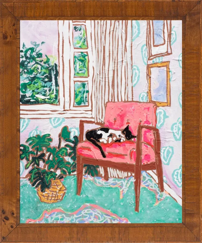 Cat Nap: Tuxedo Cat Napping in Mid-Century Chair by Lara Lee Meintjes for Artfully Walls