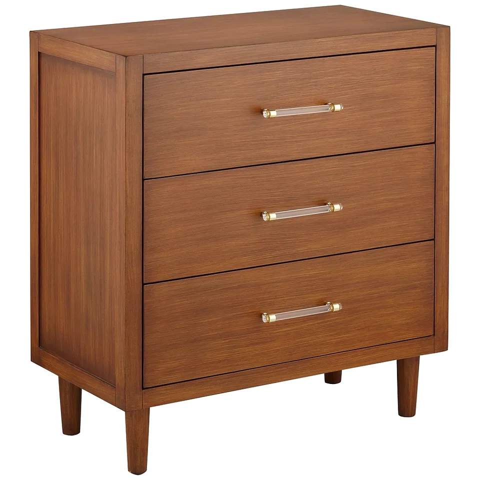 Ollie 32" Wide Brushed Teak 3-Drawer Cabinet with Crystal Handles