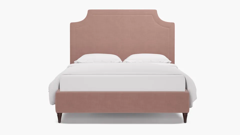 Deco Bed, Blush Everyday Linen, Espresso Decorative Tapered Leg, Full
