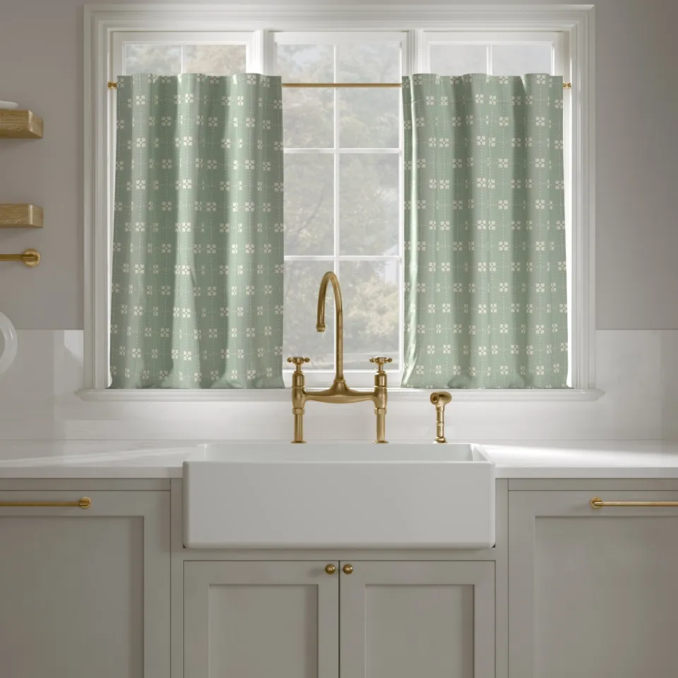 Printed Linen Café Curtain, Soft Sage Meadow Check, 25" x 36", Unlined