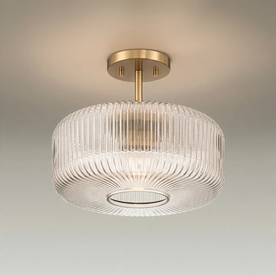 Possini Euro Bernado 14"W Warm Brass and Fluted Glass Ceiling Light