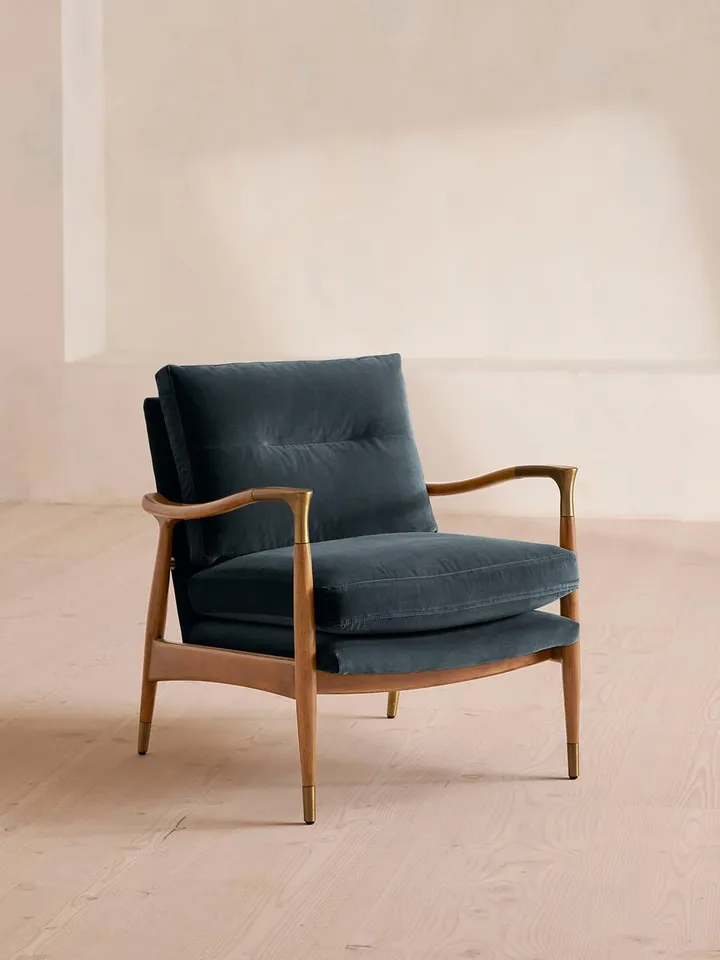 Theodore Oak Armchair, Velvet, Grey Blue, US