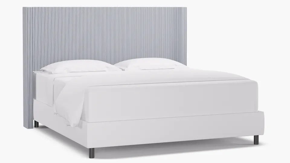 Modern Wingback Headboard, Navy Classic Ticking Stripe, King
