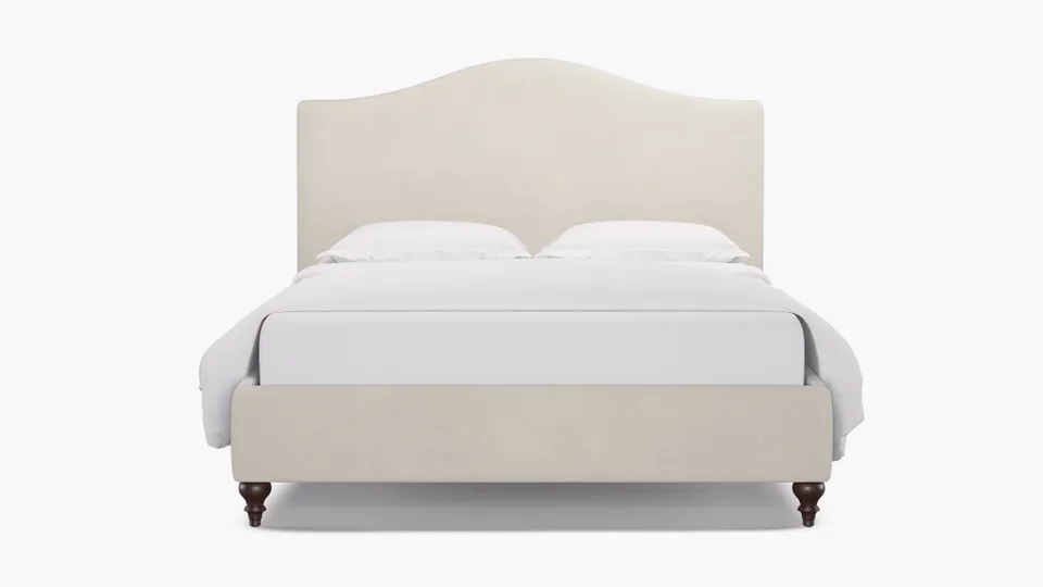Camelback Bed, White Performance Velvet, Espresso Traditional Turned Leg, Twin