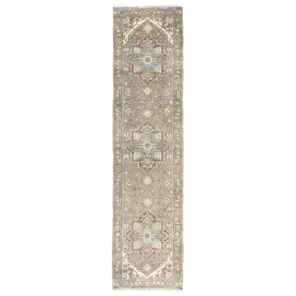 Flynn Hand-Knotted Medallion Gray/ Blue Runner Rug (3'X12')