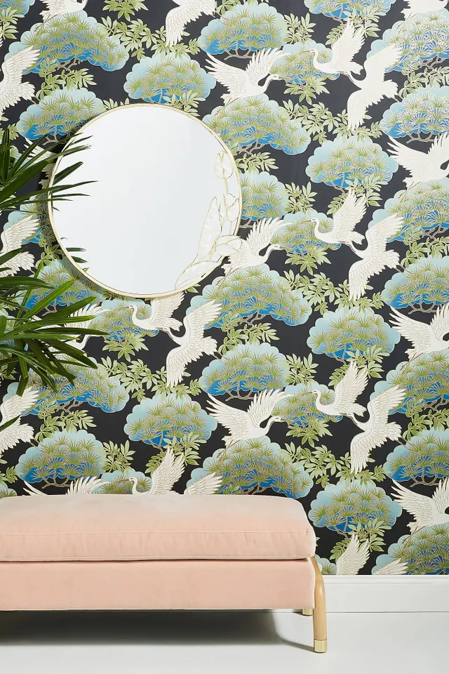 Sprig and Heron Black Floral Wallpaper