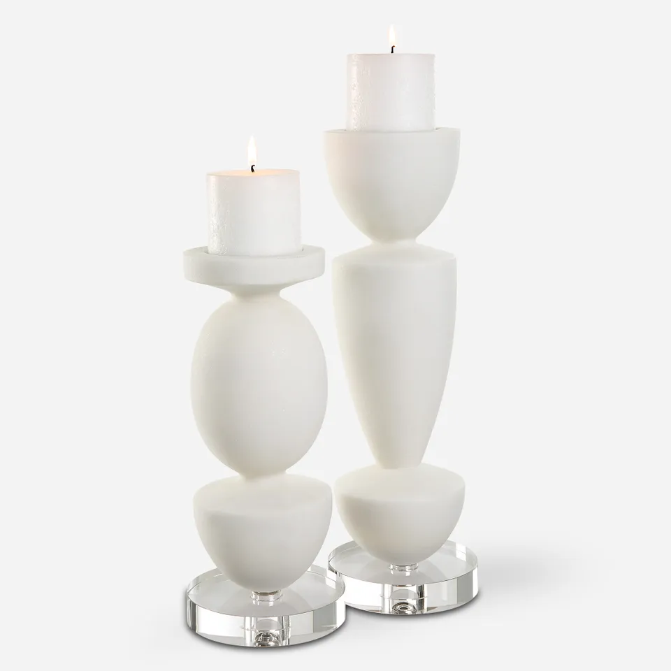 Lido White Stone Candleholders Set/2