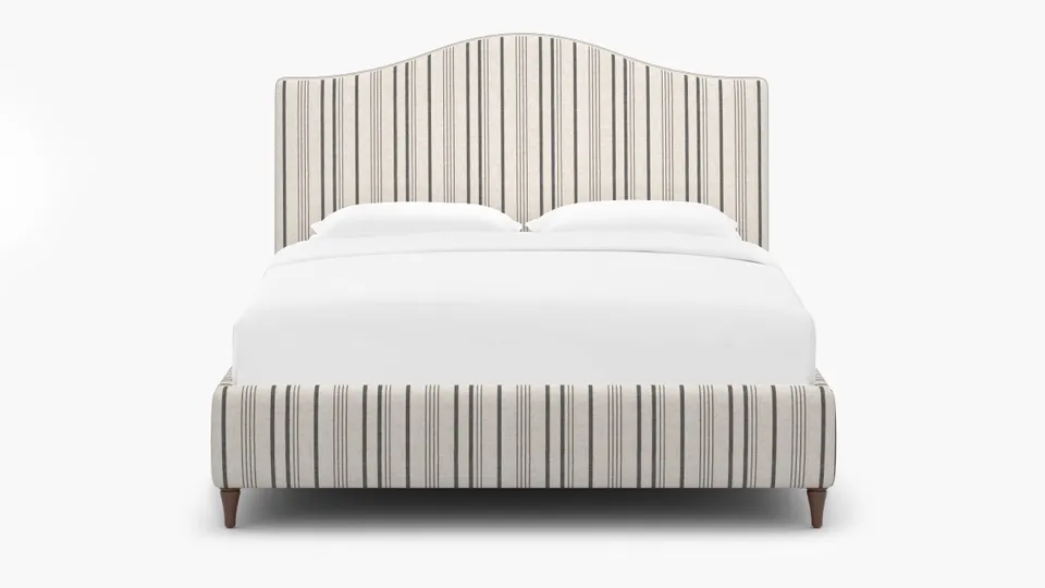 Camelback Bed, Black Market Stripe, Walnut Decorative Tapered Leg, King
