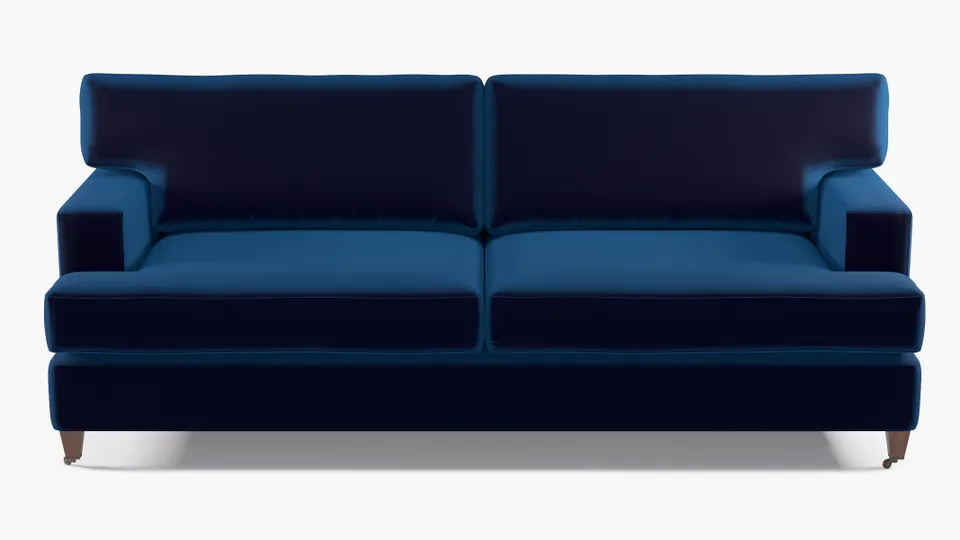 Classic Sofa, Cobalt Performance Plush Velvet, Walnut with Antique Brass Caster