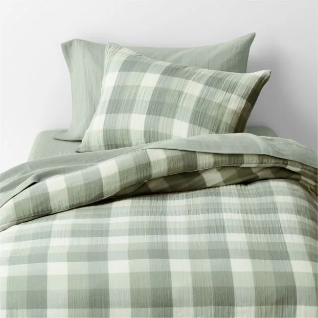Supersoft Gingham Soft Green 100% Organic Cotton Gauze Kids Full/Queen Duvet