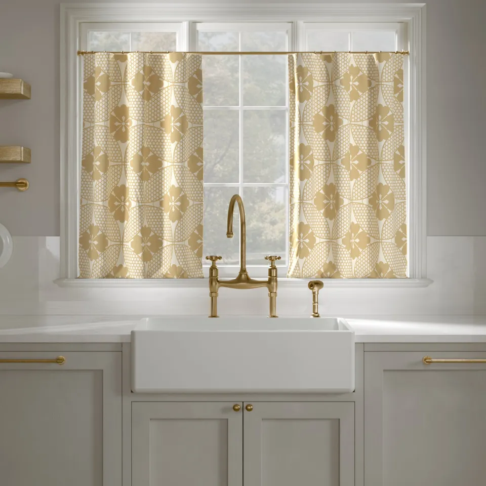 Printed Linen Café Curtain, Rattan Solaire, 25" x 30", Privacy