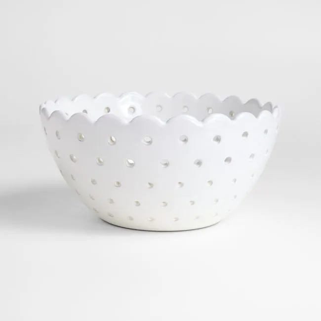 Large White Scallop Eyelet Stoneware Colander by Laura Kim