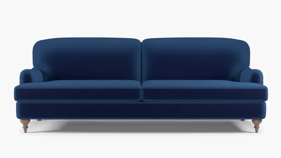 English Roll Arm Sofa, Navy Performance Velvet, Walnut Turned Wood Leg