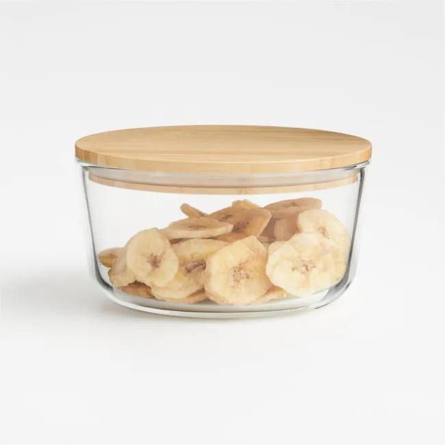 Crate & Barrel Round Glass Storage Container with Bamboo Lid, 4-cup