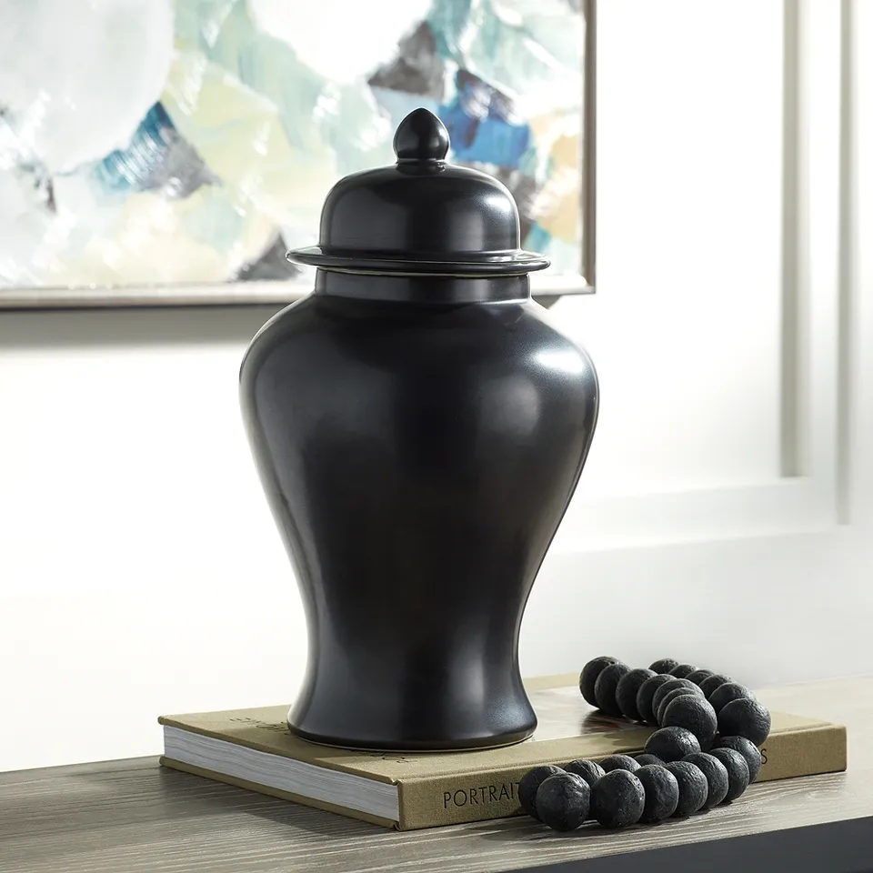 Alfano 15" High Onyx Black Ceramic Ginger Jar Urn with Lid