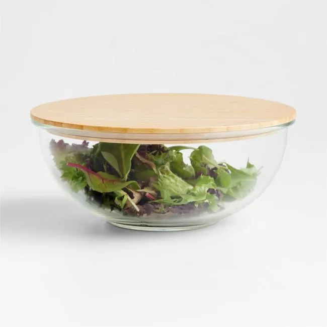 Crate & Barrel Large Glass Mixing Bowl with Bamboo Lid