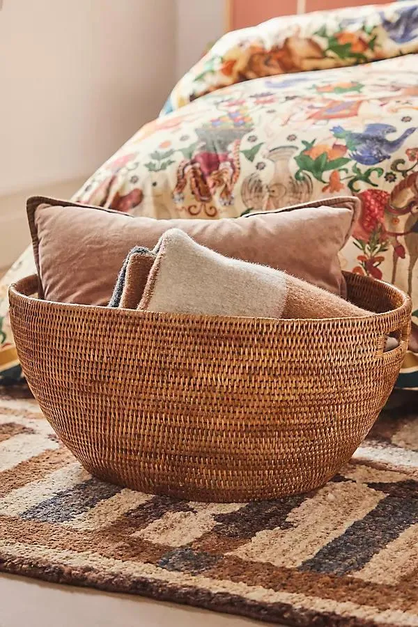 Handwoven Rattan Laundry Basket with Cutout Handles